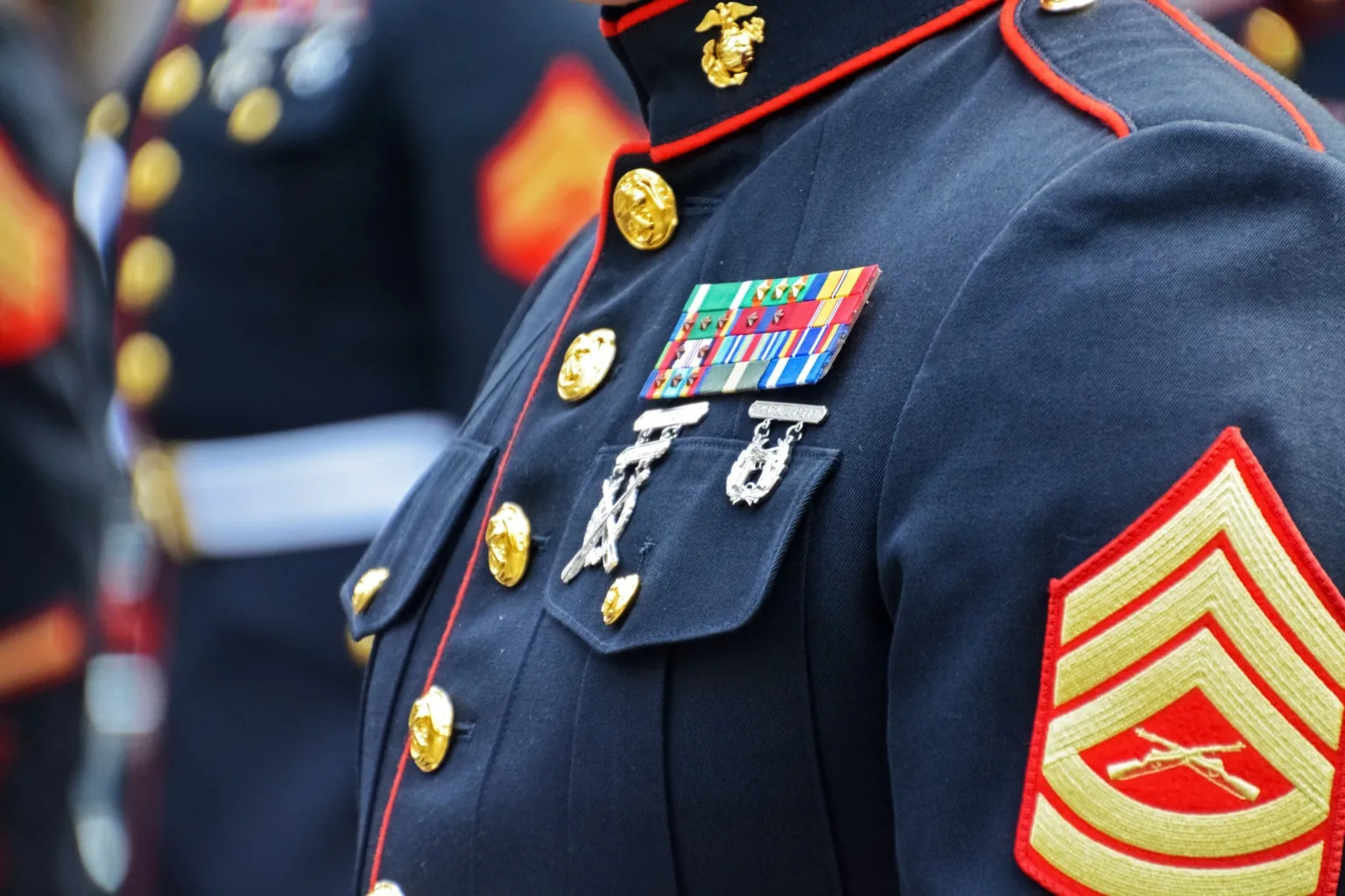 closeup of military dress uniform rank and ribbons