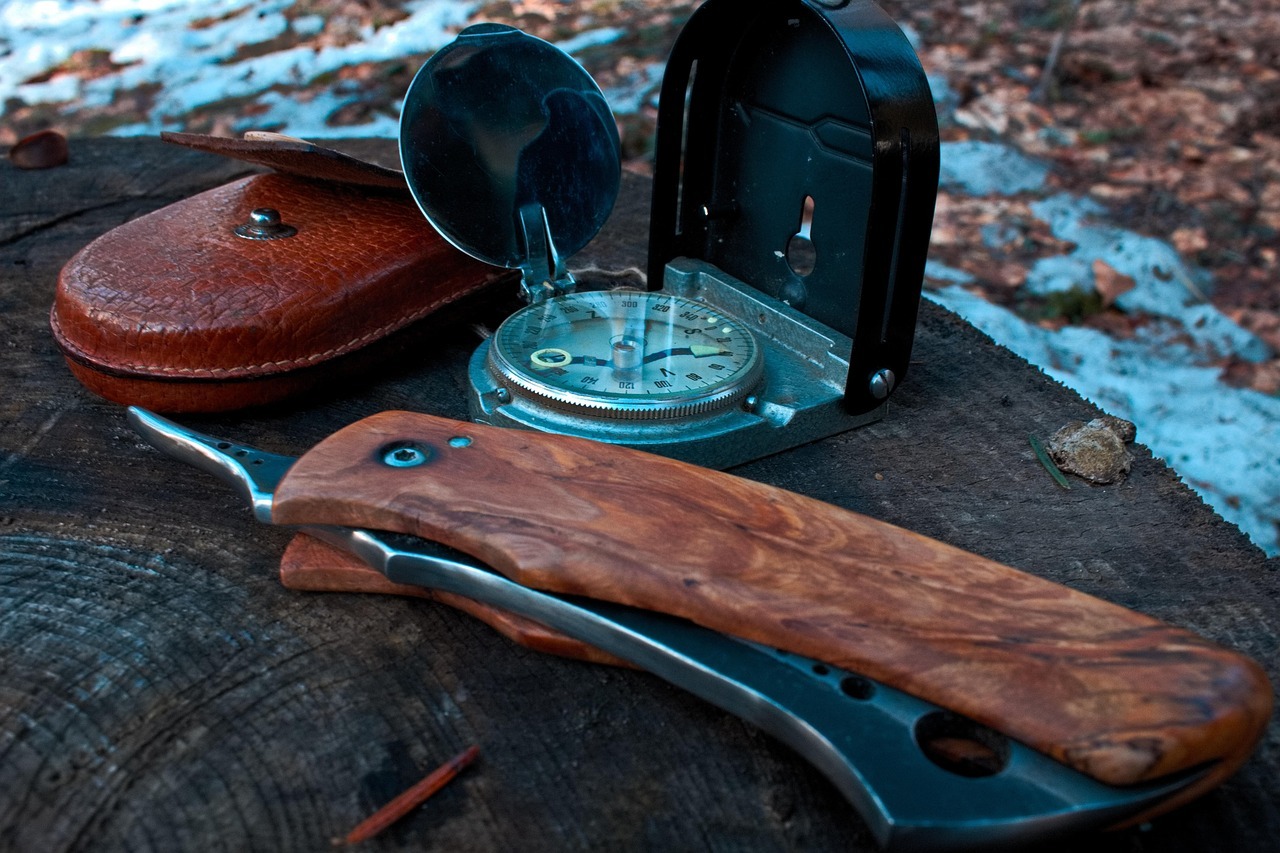 knife and compass on tree trunk