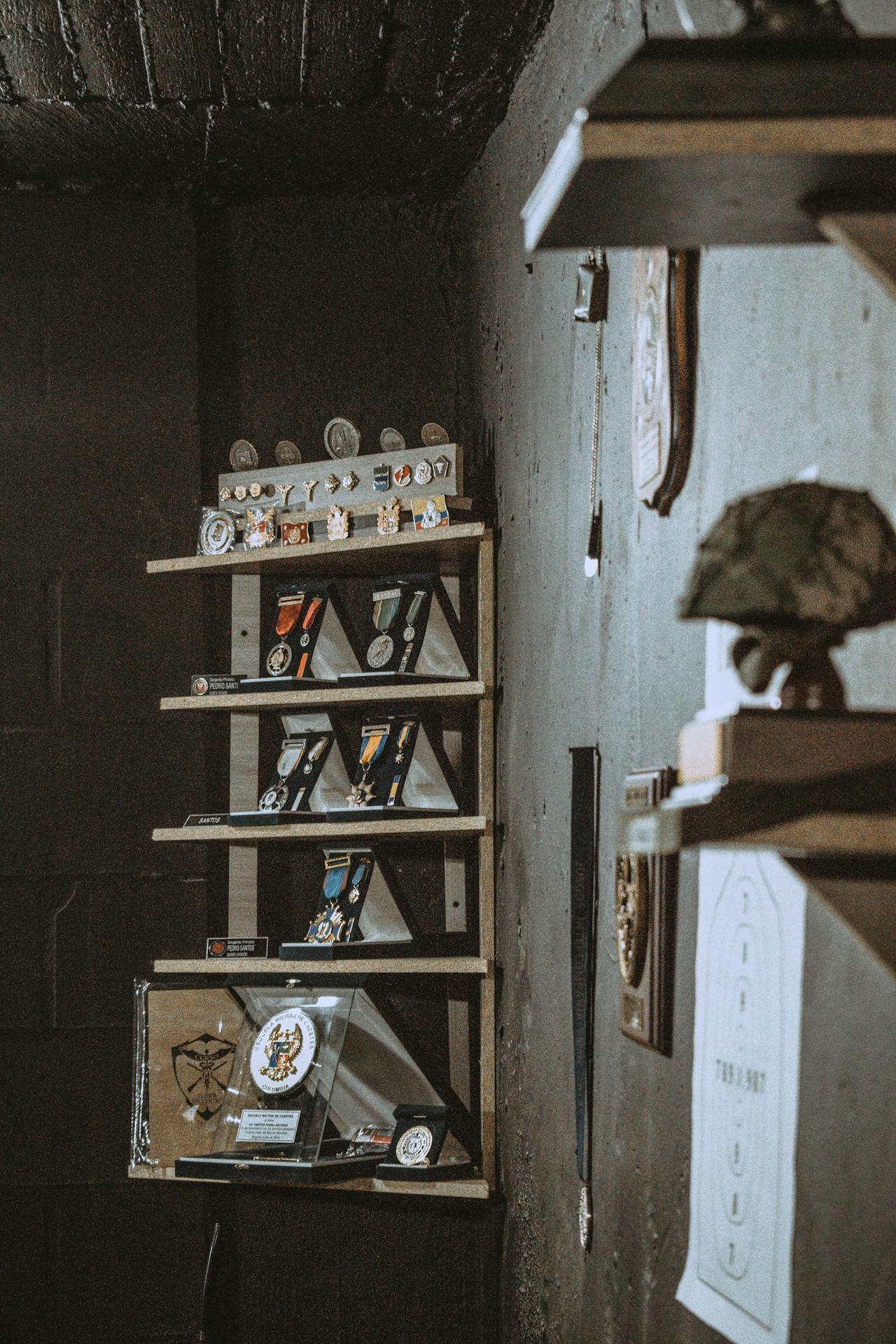 military memorabilia on display shelves